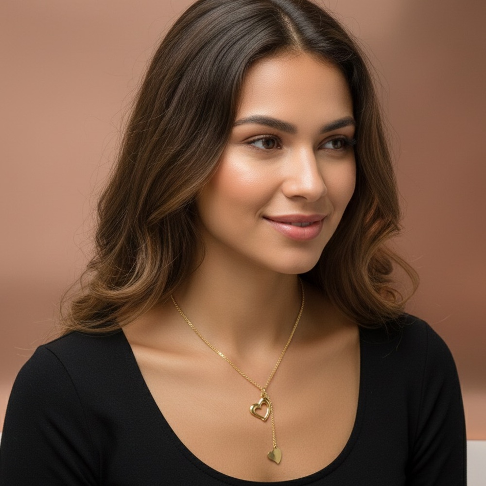 Floating heart lariat style gold-plated pendant necklace with two hearts